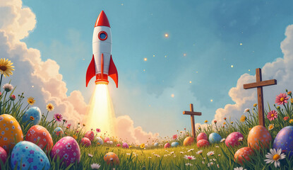 Inspirational Painting of a Rocket Launching Beside a Cross and Easter Eggs – A Unique Blend of Faith and Innovation for Marketing