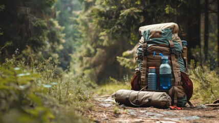 A fully packed backpack stands ready on a forest trail