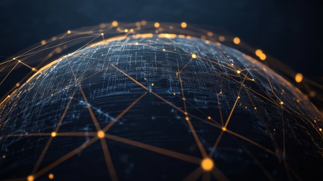 Abstract 3D globe with glowing connection lines, symbolizing global connectivity and digital networks.