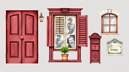 Obraz premium Red Door Window Mailbox Vintage Architecture Illustration