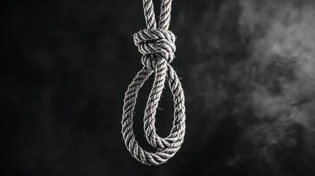 Rope tied in a noose hanging against a dark background with a smoky texture conveying a serious, somber atmosphere