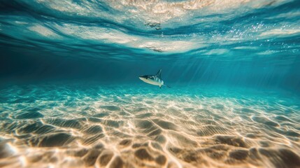 Obraz premium A lone shark swims gracefully through clear aquamarine ocean waters