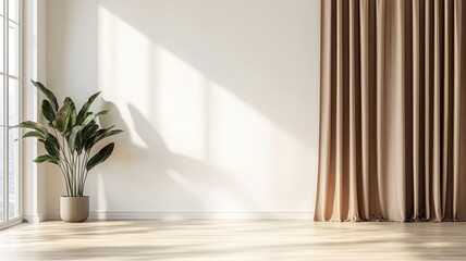 Fototapeta premium Sunlight illuminating white wall mockup in empty room with potted plant casting shadows on the floor and wall Copy space for text