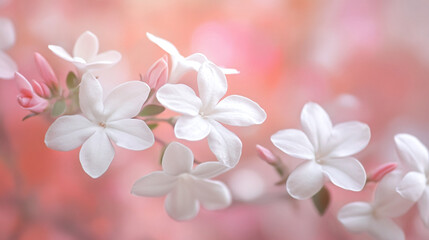 Fototapeta premium Floral Beauty: Delicate white blossoms on a branch, set against a soft pink backdrop, capture nature's elegance and serene beauty.