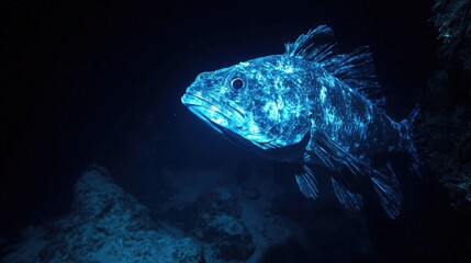 Fototapeta premium A bioluminescent deep sea fish swims in a dark ocean environment