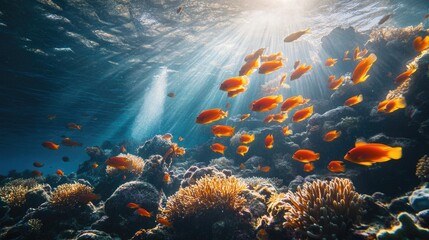 Obraz premium Orange fish swim in clear water over vibrant coral reef