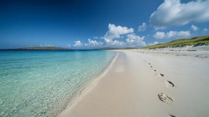 Fototapeta premium Pristine beach, footprints, clear water, sunny sky