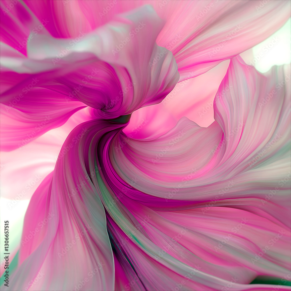 Poster An abstract image of wavy petals flowing into each other. The shimmering hues from pink to purple create the illusion of movement. The gradient technique emphasizes the harmony of the composition