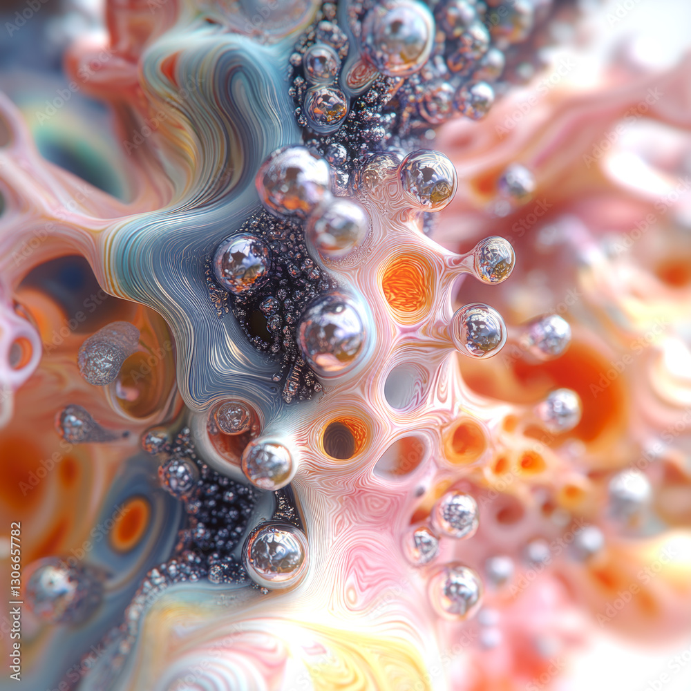 Aufkleber A mesmerizing swirl of colorful streams filled with floating bubbles that reflect blue, pink, orange and silver hues. The dynamic composition conveys a sense of energy and movement