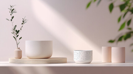 Fototapeta premium Minimalist display showcases simple pottery and botanicals in soft light. Elegant scene for product presentation.