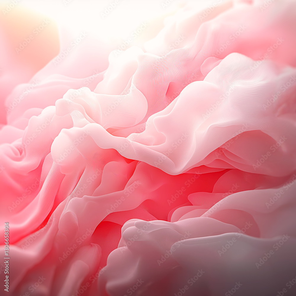 Poster illustration of translucent waves of fabric in shades of pink and white. light falls softly from abo
