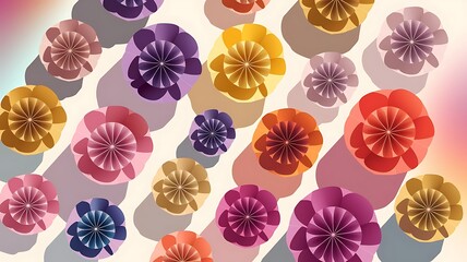 Colorful paper flowers pattern on white background flat lay top view