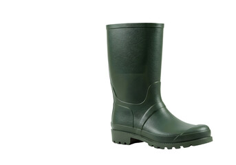 Green rubber boot on a white background ideal for outdoor activities, gardening, farming, and water-related tasks