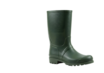 Green rubber boot on a white background ideal for outdoor activities, gardening, farming, and water-related tasks