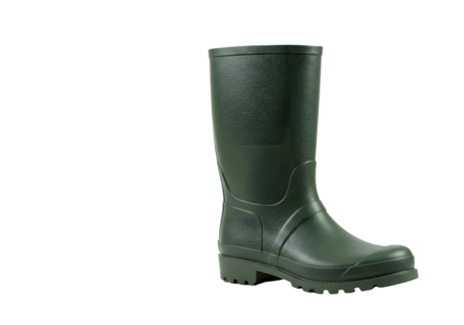 Green rubber boot on a white background ideal for outdoor activities, gardening, farming, and water-related tasks