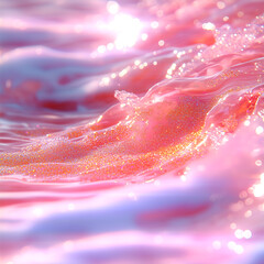 Pink liquid with shimmering gold particles for a shimmering glow effect. Smooth texture with soft highlights of light. The composition is filled with wave-like shapes in an abstract style
