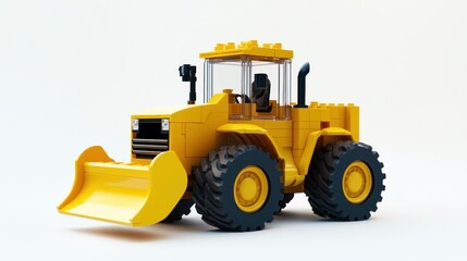 Fototapeta premium Yellow toy bulldozer, studio shot, white background, construction