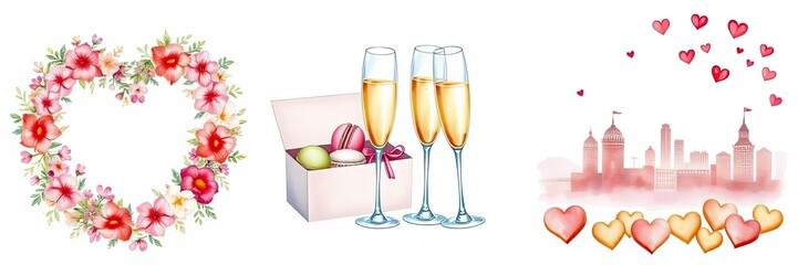 Obraz premium Romantic Watercolor Valentine s Day Cityscape with Flowers Champagne and Macarons