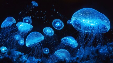 A mesmerizing view of deep-sea bioluminescent creatures glowing in the dark waters, with their light illuminating the mysterious underwater landscape.