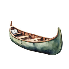 Green Canoe with Wooden Seats Featuring White Pillows