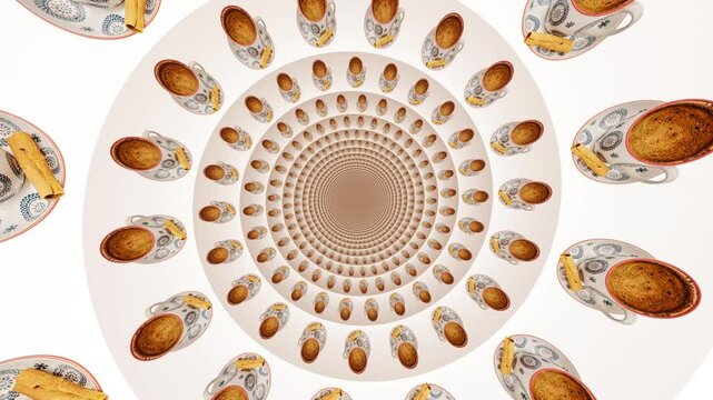 a cup of coffee with a stick of cinnamon in an infinite depth spiral descending effect animation