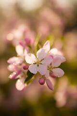 Apple blossoms over blurred color background spring flowers creative macro image with bokeh shallow depth of field spa and wellness concept