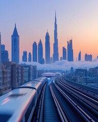 A sleek train glides through a bustling cityscape, flanked by towering skyscrapers. The vibrant urban environment buzzes with activity, showcasing modern architecture and lively streets.