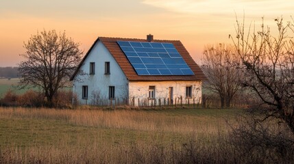 Fototapeta premium Modern house with blue solar panels under warm sunset, blending sustainability with serene beauty.