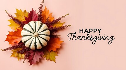 Thanksgiving flat lay stylish striped pumpkin autumn leaves and heather on pink background modern fall border with space for text happy thanksgiving card