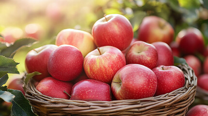 Fresh-picked red apples overflowing from a rustic woven basket in the golden light of autumn harvest.