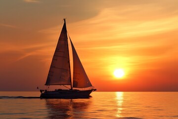 A striking silhouette of a sailboat against a glowing sunset, reflecting the warm colors on still waters, evoking feelings of peace, adventure, and the beauty of nature's palette.