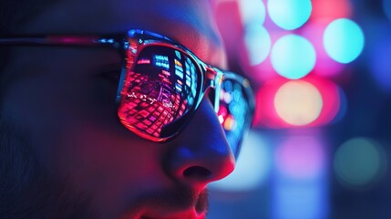 A cinematic slow-motion shot of casino lights reflecting on a gambler sunglasses