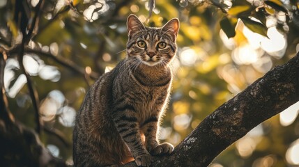 A tabby cat is perched on a tree branch in the sunlight