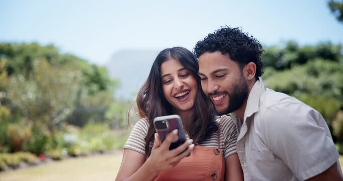 Couple, selfie and happy in nature at park, scroll and post memory on web, hug and outdoor in summer. People, woman and man with photography, love and profile picture for social media in Costa Rica
