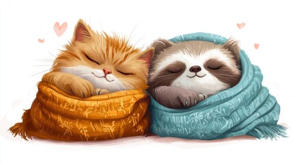 An adorable cat and raccoon sleeping wrapped in blankets together