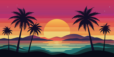 Naklejka premium Espectacular atardecer en la playa con palmeras y reflejos en el mar, creando un ambiente tropical. 
