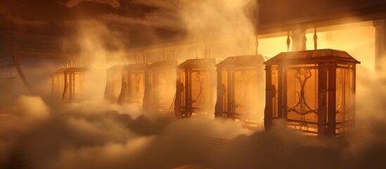 Fototapeta premium Mysterious illuminated boxes in a foggy environment, suggesting an enchanting discovery