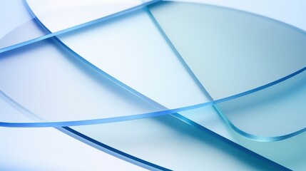 Close Up View of Three Transparent Glass Pieces Overlapping with Soft Blue Light Reflecting on Smooth Surface Curve glass with light illuminated