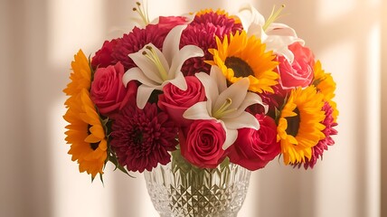Beautiful bouquet of flowers in vase on white background top view flat lay
