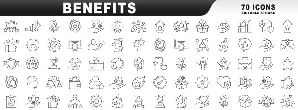 Big set of soft benefits line icons. Editable stroke