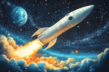 Naklejka premium Colorful sketch of a space rocket, spaceship near a planet, AI Generated