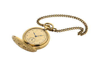 Antique gold pocket watch with intricate design and chain, showcasing vintage craftsmanship and timeless elegance