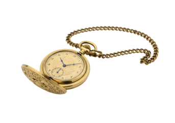 Antique gold pocket watch with intricate design and chain, showcasing vintage craftsmanship and timeless elegance