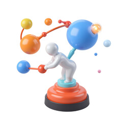 Human Figure Interacting with Colorful Spheres and Rods on Layered Base