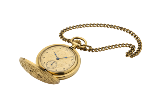 Antique gold pocket watch with intricate design and chain, showcasing vintage craftsmanship and timeless elegance