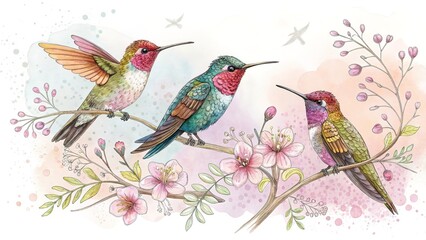 Obraz premium Hand-painted watercolor illustration of tropical birds with delicate blooming flowers. A romantic and airy paradise-inspired design. Generative AI.