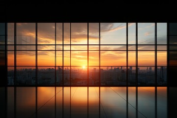 Fototapeta premium A panoramic view of a stunning sunset visible through large glass windows of a modern office, illustrating the connection between work and the beauty of nature outside.