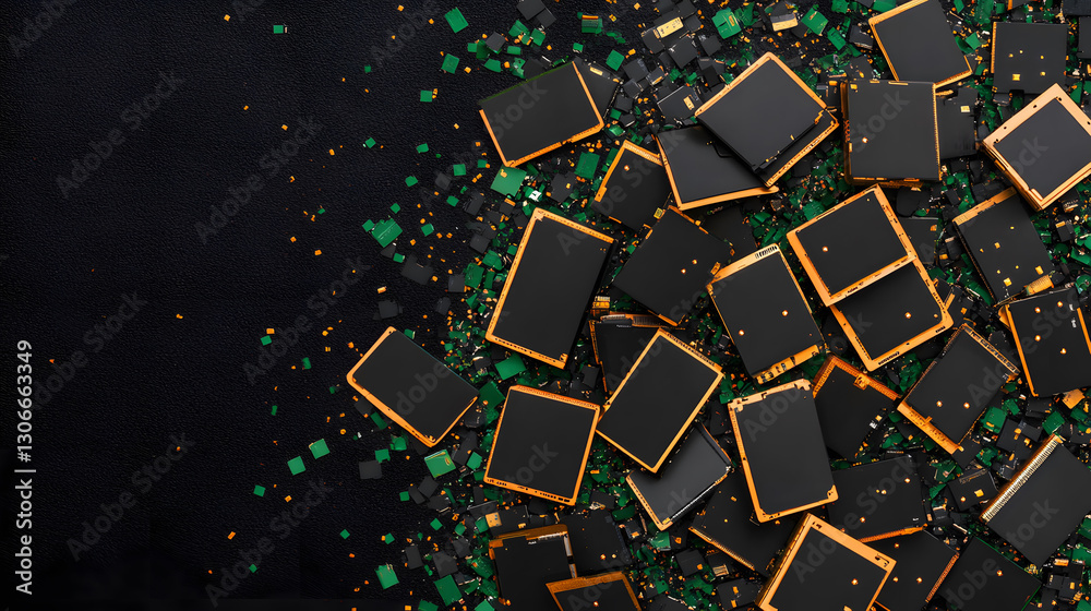 Poster a close-up view of scattered electronic chips and circuit components on a dark background, showcasin