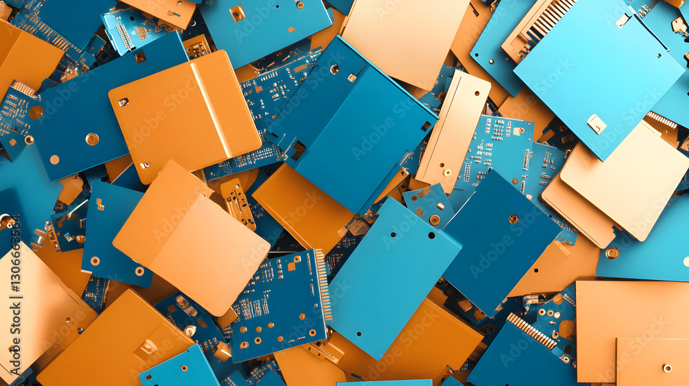 Aufkleber a vibrant collection of blue and orange circuit boards arranged haphazardly, showcasing intricate el