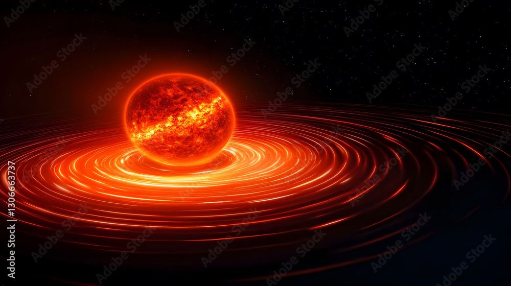 Poster a bright, fiery sun surrounded by swirling energy patterns against a dark cosmic backdrop, illustrat